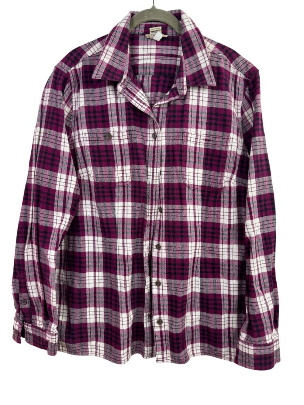 Duluth Trading Purple Plaid Flannel Button Up Shirt Womens XL 100% Cotton Long S